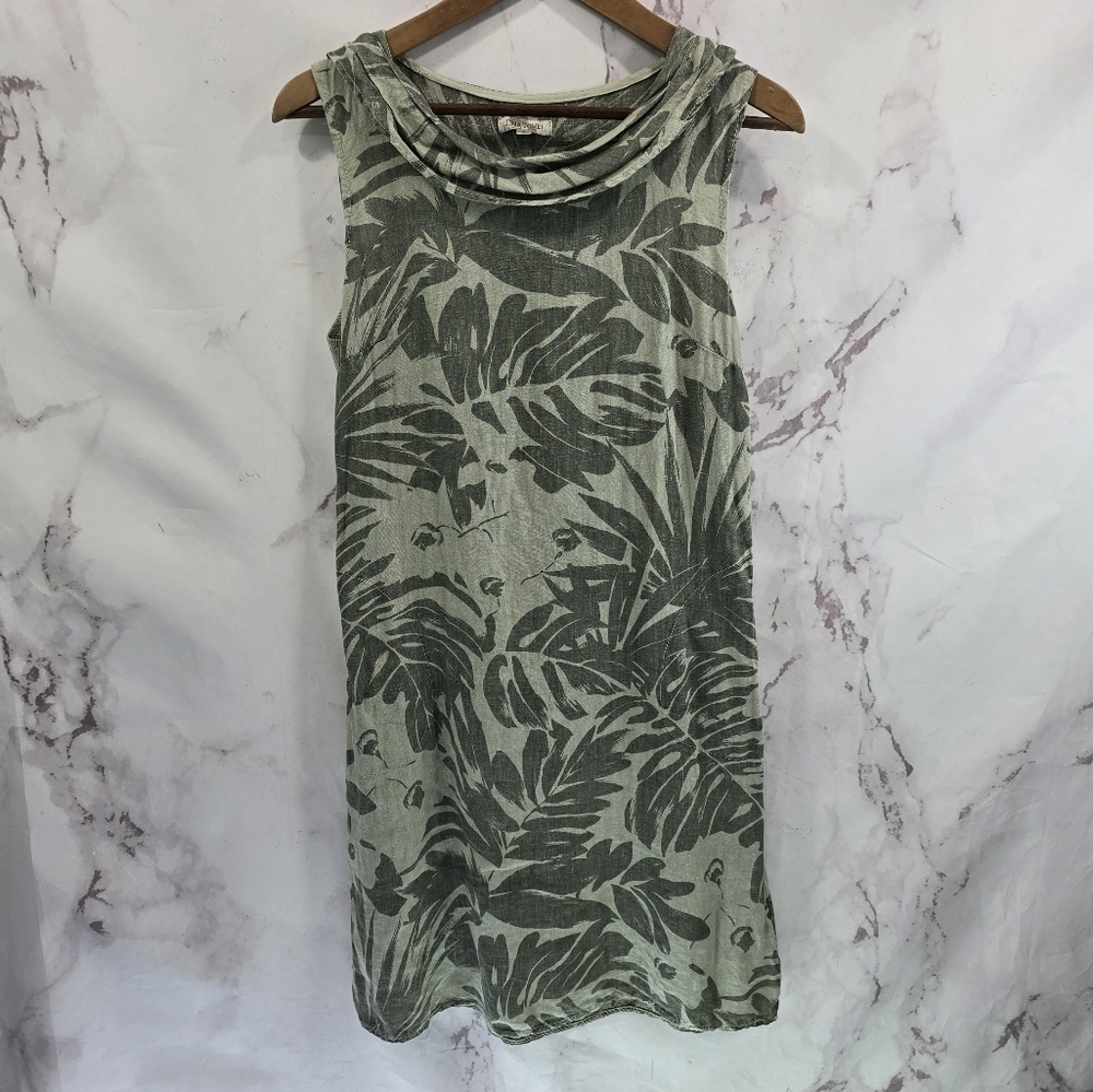 Lina Tomei Dress Women Small Green Linen Jungle Botanical Leaf Shift Cowl